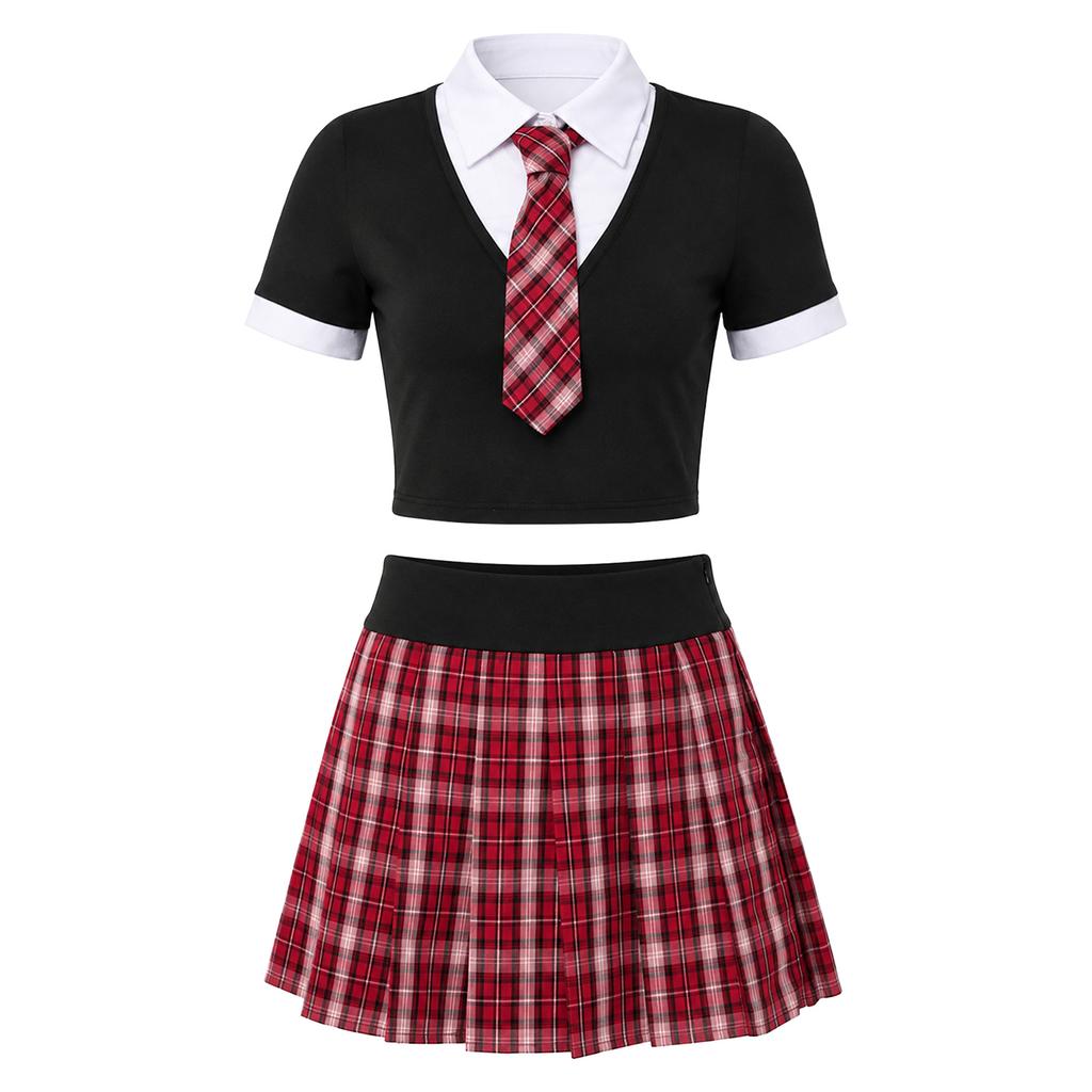 Dámský kostým školkačky Krátký rukáv Barevně blokovaný Crop Top Zavazování Neviditelný zip Kostkovaná sukně