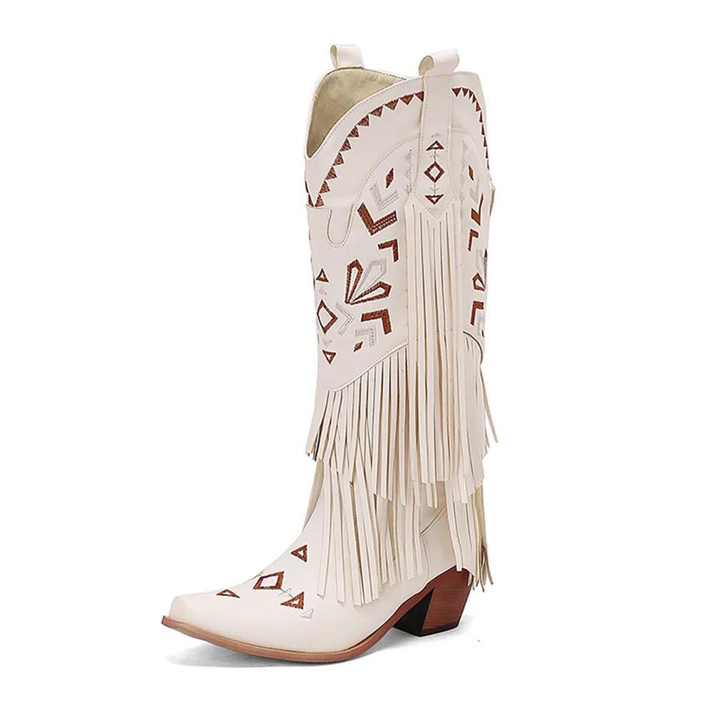 Fashion Retro Tassel Embroidered Cowgirl Mid-Calf Women Western Boots Pointed Toe Chunky High Heel Cowboy Cool All-Match Shoes