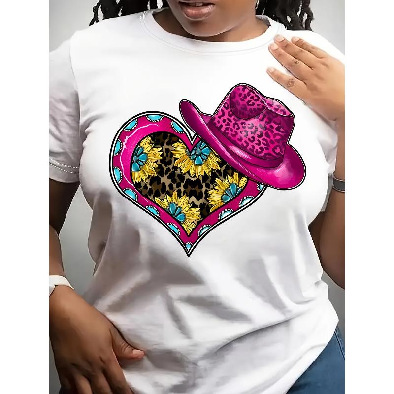 

European Size Plus Size, 1pc Women s Western Cowgirl Graphic T-Shirt - Heart Leopard Print & Sunflower Cowboy Hat Design 4XL білий