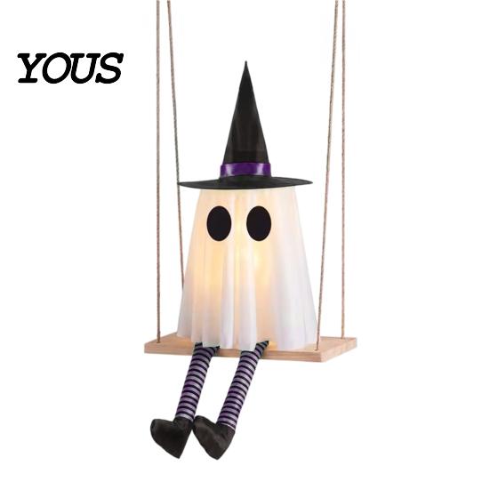 Decorative Gauze Ghost Set Halloween Hanging Swinging Decoration, Spooky Light Up Swing Scene Props with Witch Hat for Outdoor Yard,
