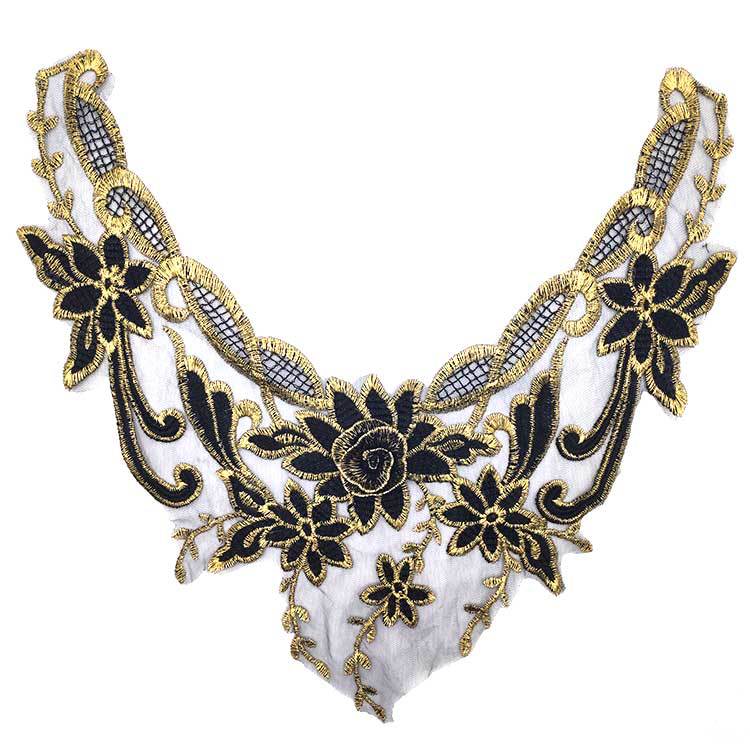 Koronkowy Kołnierzyk Rozpuszczalny w Wodzie, Kołnierzyk ze Złotą Nicią, Koronkowy Broszka Haftowana na Siatkowym Spodzie, Akcesoria Koronkowe DIY, Czarno-Złoty