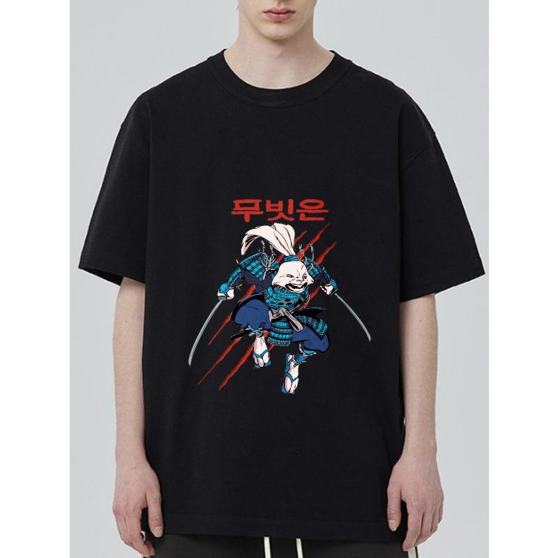 

Black T Shirt With Samurai Rabbit Print And Korean Text For Casual Wear XXXXL чёрный