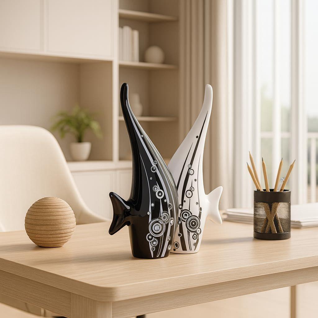 Modern Minimalist Black and White Bubble Fish Art Figure | Beautiful Home Decor- (Set of 2 Pc), Ceramic