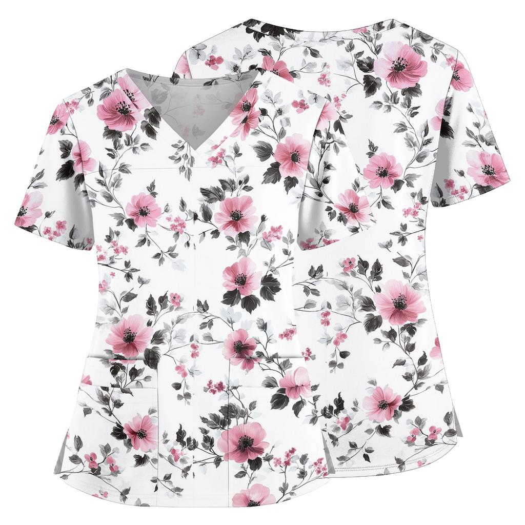 Top Medico a V con Stampa Floreale, Tasche, Spacchi Laterali, Manica Corta, Uniforme da Infermiera per Donna