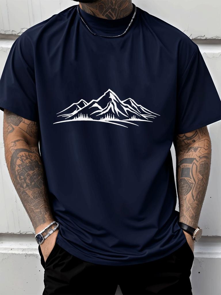 Unisex Summer Black Short Sleeve Tee Minimal Mountain Forest Line Graphic Print Crew Neck Loose Casual Streetwear Male Daily Top