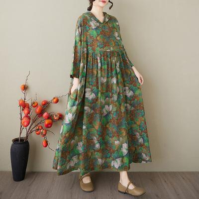 Plus Size Women Vintage Cotton Floral Dresses Casual Loose Long Spring Summer Dress Elegant Hooded Linen Dress