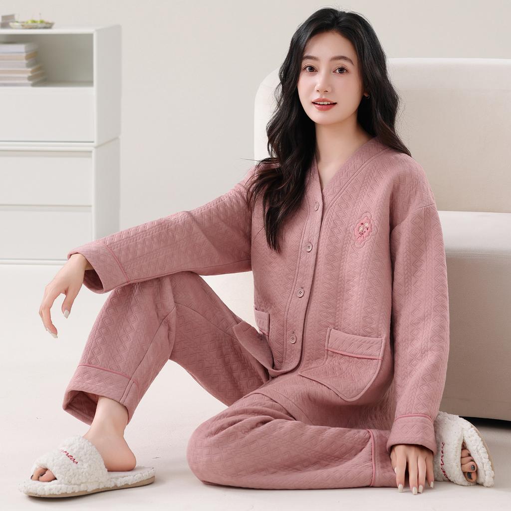 Pajamas women's spring and autumn thickened pure cotton long-sleeved autumn and winter air cotton interlayer thin padded loungewear set