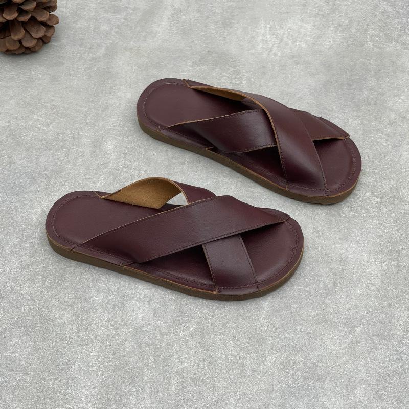 Johnature Handmade Genuine Leather Flat Slippers Soft Cowhide Soft Sole Comfortable Women's Outdoor Slides