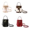 Womens PU Leather Cylinder Bag Shoulder Crossbody Round Bag Vintage Bucket Handbag with Double Metal Zipper Top Handle