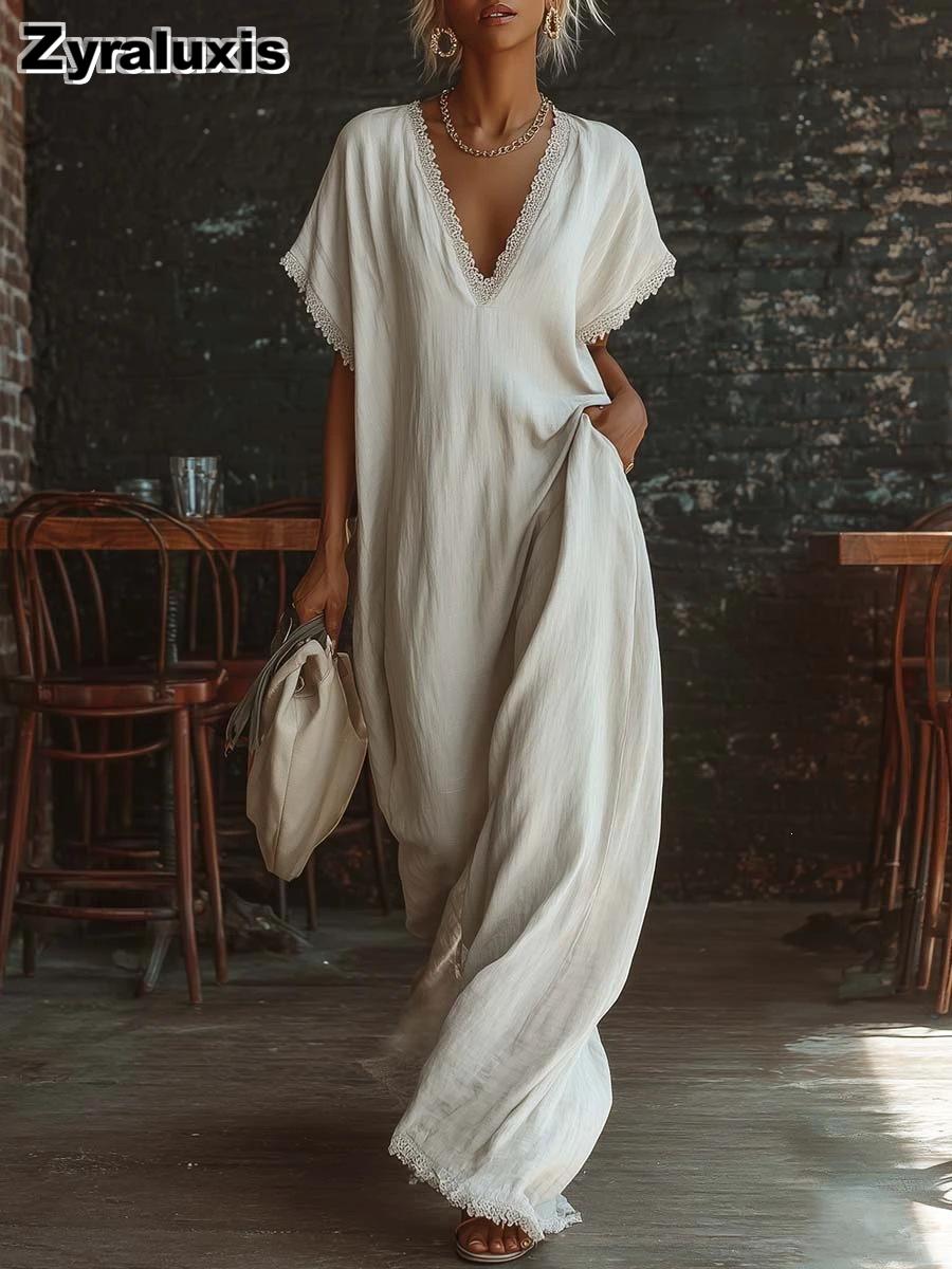 Summer Casual Elegant Comfortable Lace Trim Loose Linen Cotton Maxi Dress S белый