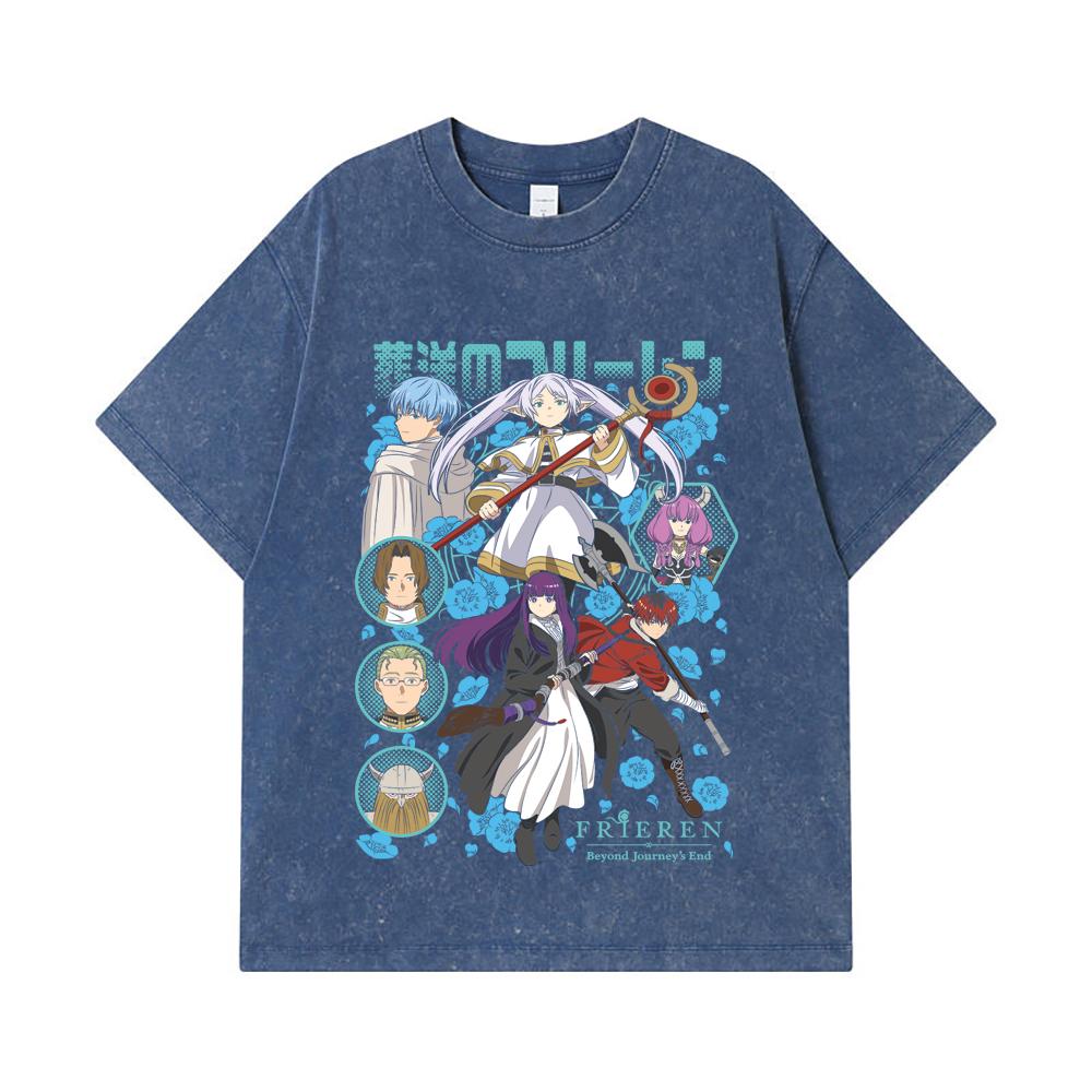 

275 GSM Washed T-shirts 100% Cotton Frieren V1 Print Unisex Heavy Cotton T Shirt 2XL королівський синій колір