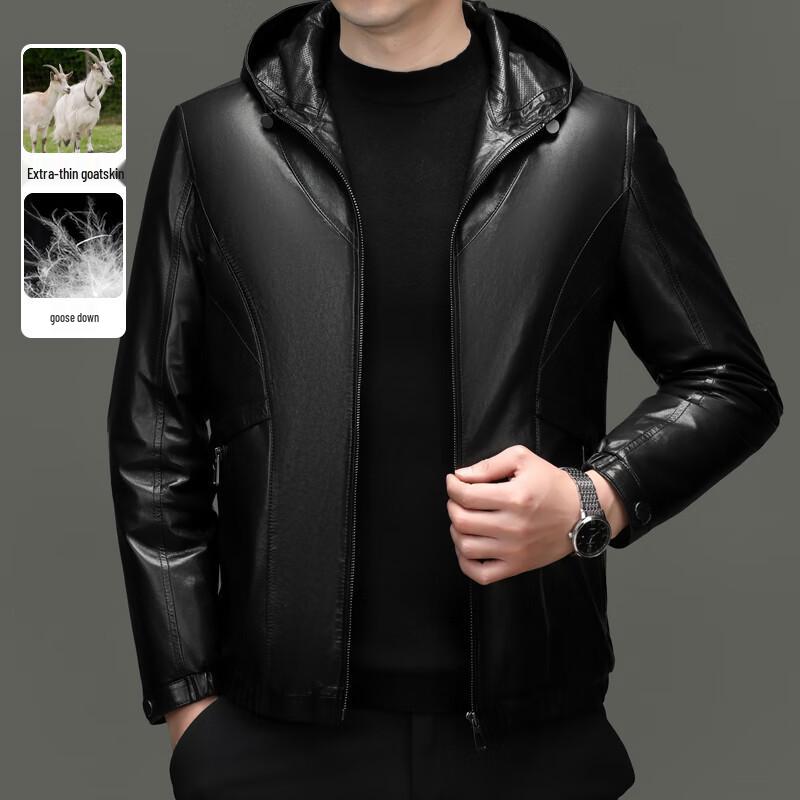 Yiliteng Men's Hooded Genuine Leather Down Jacket