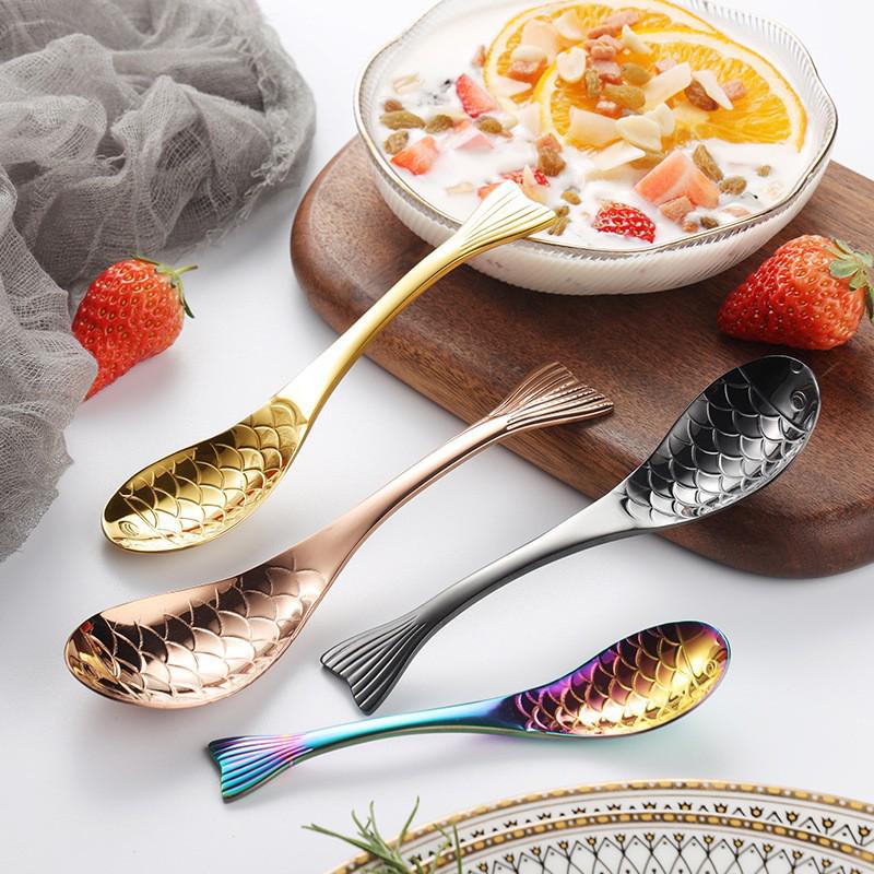 Gold-Plated 304 Stainless Steel Spoon - Creative Cartoon Fish Design, Perfect for Soup, Dessert, Rice, Stirring, and Teaspoon Uses.