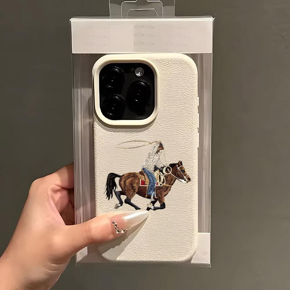 Vintage Cowboy Horse Embroidery Case For iPhone 17Air 16 15 14 13 12 11 Pro Max Plus Luxury Retro Shockproof Soft Leather Cover