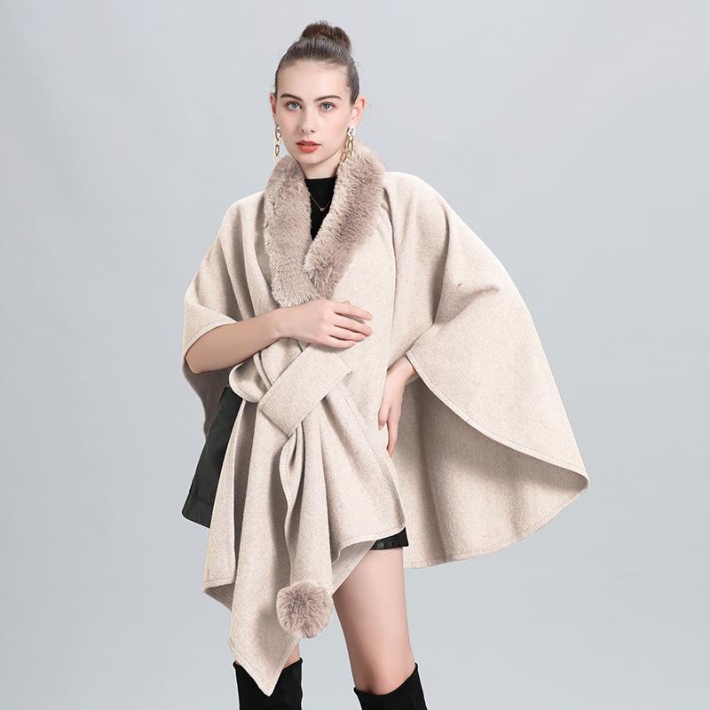 Autumn/Winter Knitted Scarf Shawl Cape with Fur Collar and Pom-Poms (Style 0962#)