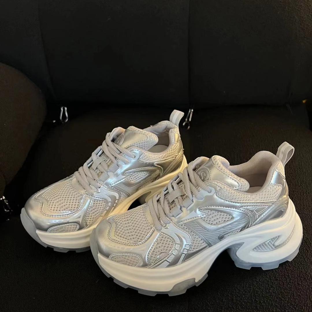 

Спортивная обувь Поп-обувь Весенняя женская обувь Модные дышащие двойные сетчатые толстые низкие кроссовки с цветовым сочетанием Удобные классические кроссовки 40 серебряный