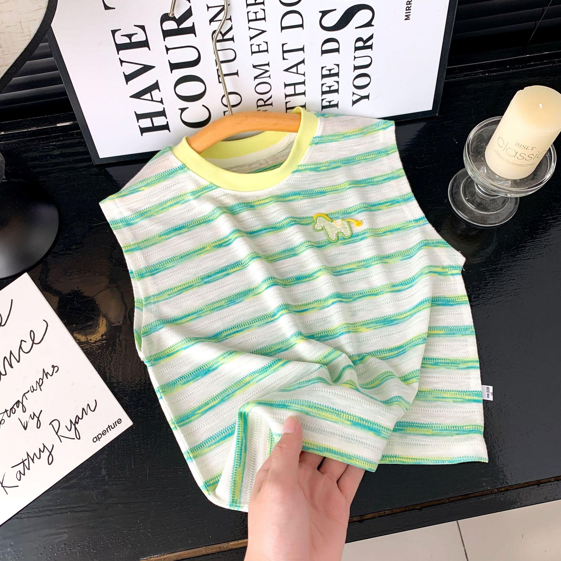 Kids Summer Striped Sleeveless Vest Boys Girls Round Neck Casual T Shirt Baby Breathable Top 110cm