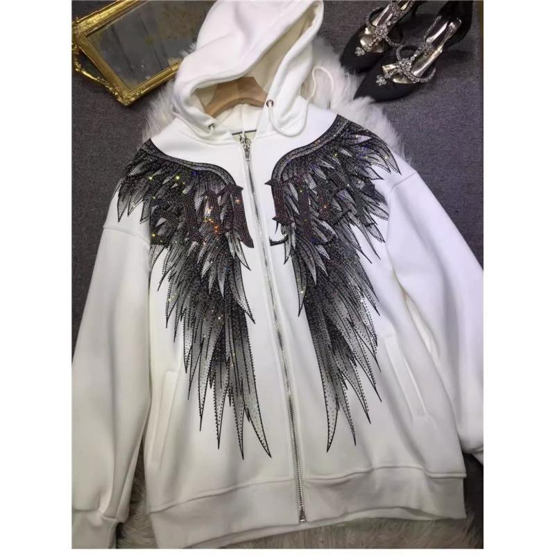 Plus Size Women's Hot Diamond Light Luxury Front and Rear Wings Hoodie Plus Fleece Hoodie