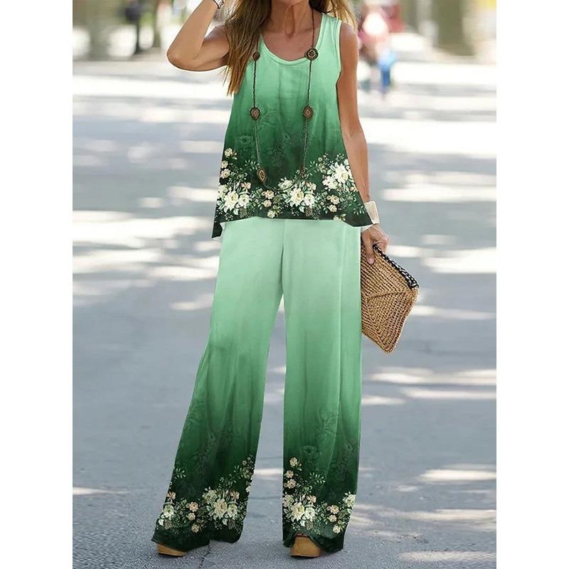TIFICY Women s Fashion Casual Spring Autumn Flower Pattern Print Sleeveless O-Neck Shirts Trousers Pants Suits S