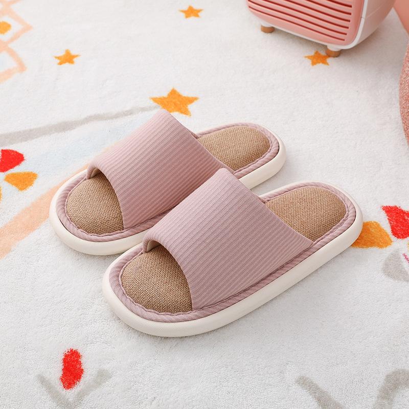 Japanese linen slippers female silent indoor couple home soft bottom non-slip breathable four-season slippers home men