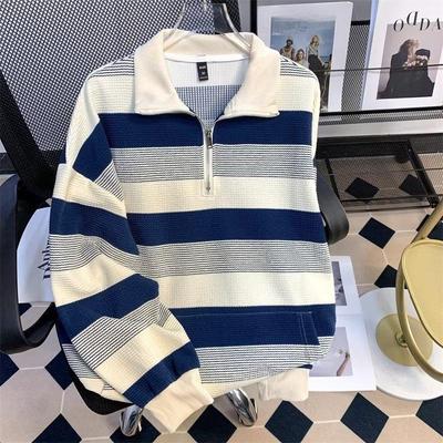 Unisex Retro Striped Oversize Long-Sleeve Half-Zip Jacket for Fall & Winter