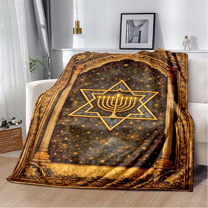 Star David Inner Menorah Vintage Arch Starry Sky Gold Print Soft Flannel Throw Blanket Sofa Bed Jewish Holiday Warm Decor Cover 80cm x 120cm