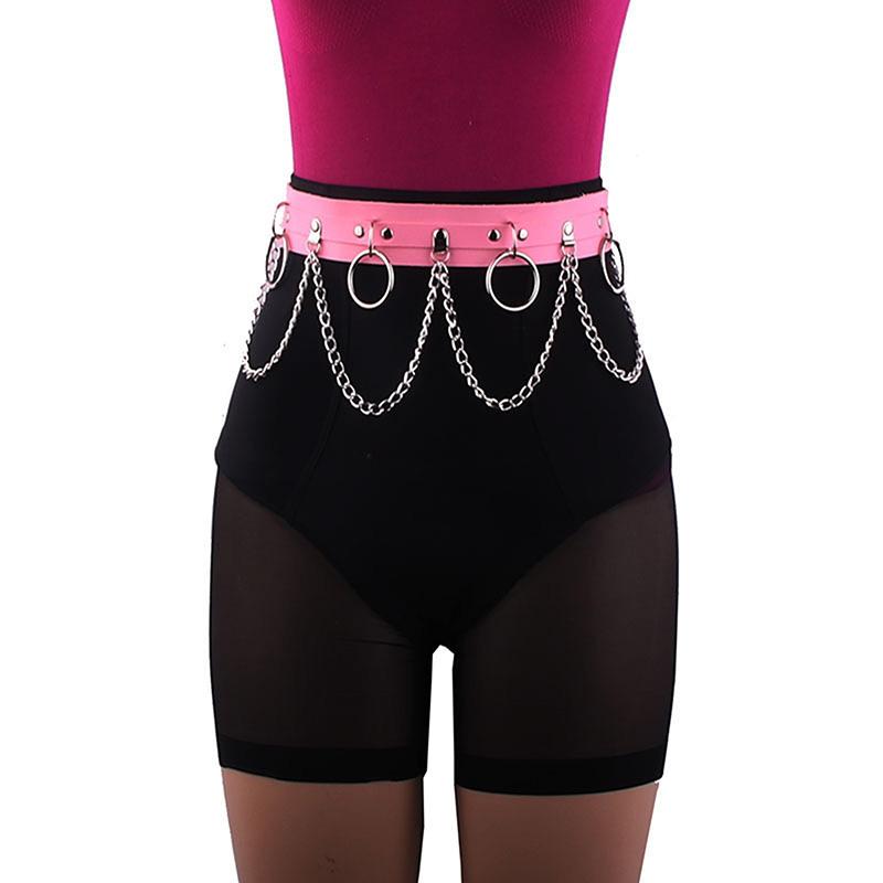 Sexy Women Gothic Hiphop Belt with Chain Harajuku Punk Style Jk Waist Adjustable Disco Dancing Pu Dress Jeans Waist Chain