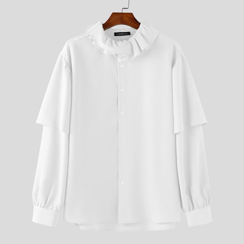 

INCERUN Мужские рубашки с оборками на шее, многослойные, с длинным рукавом, на пуговицах, повседневные, свободные, элегантные