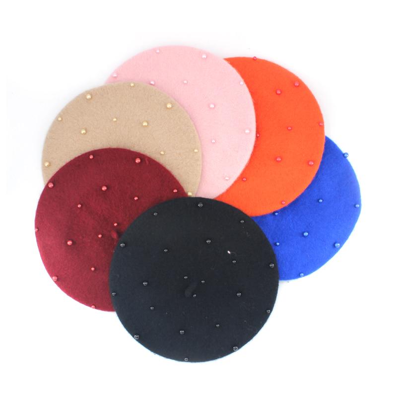 Berretto da bambino in materiale di lana moda con perle Cappellini da bambina retrò in tinta unita per 3-8 anni