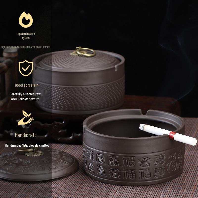 Zisha Ceramic Ashtray with Lid: Medium, Fly-Proof, Retro Home & Office Decor for Extinguishing Cigarettes.
