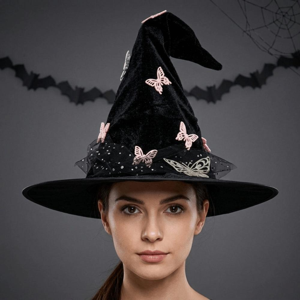 Mesh Halloween Witch Hat Black Halloween Black Cap Foldable Butterfly Wizard Cap  Masquerade