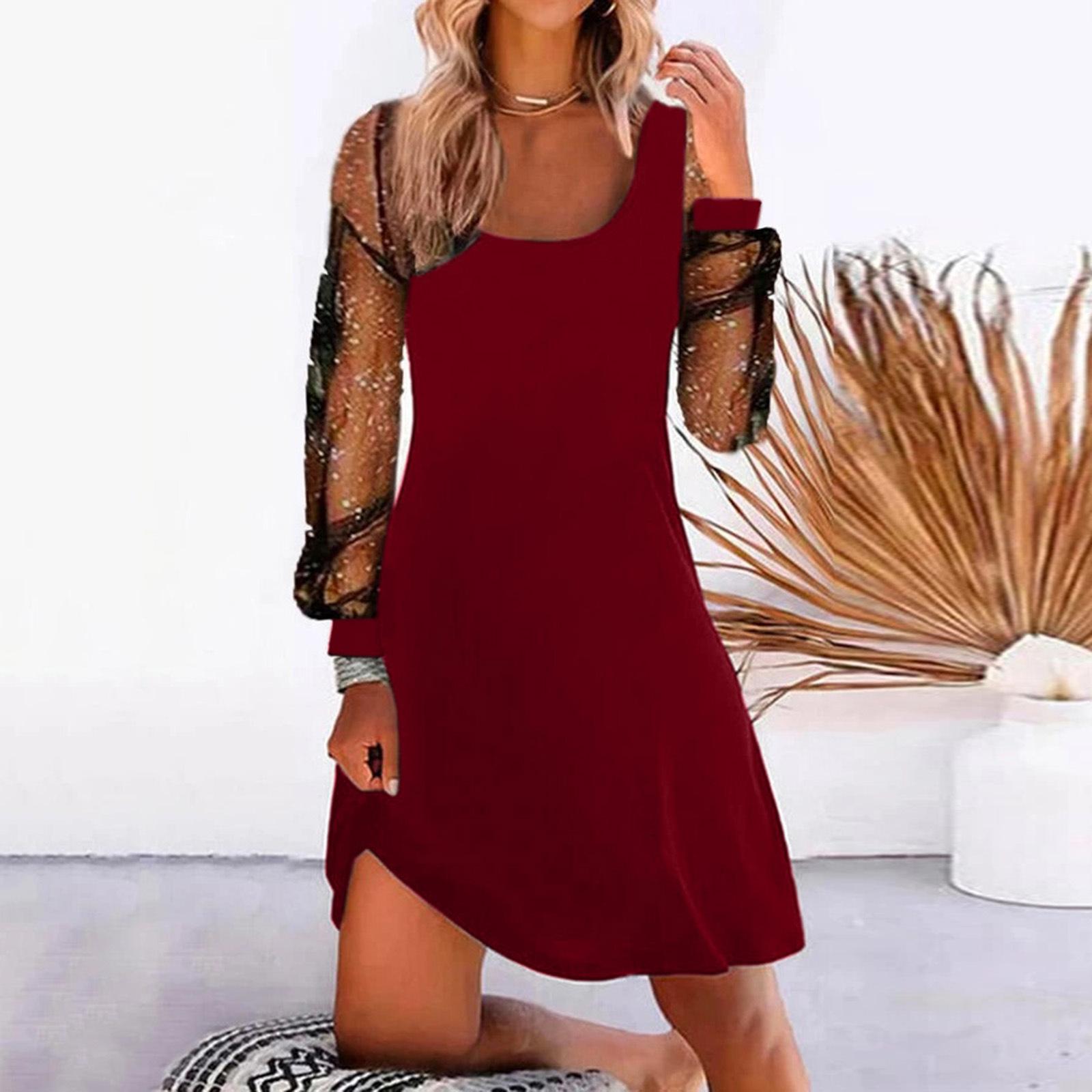 2026 Spring New Women s Fashion Solid Color Mesh Patchwork Dress S вино красного