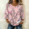 Damen Freizeitbluse mit Blumenprint, Rundhalsausschnitt, Dreiviertelärmel, Leinen-Baumwollmischung, Lockerer Schnitt, Leichtes Oberteil für den Alltag