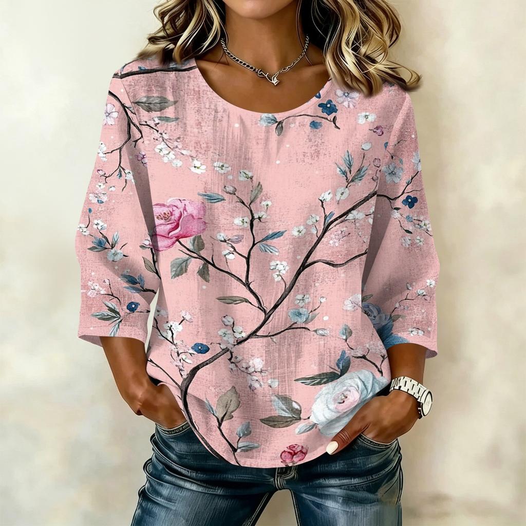 Damen Freizeitbluse mit Blumenprint, Rundhalsausschnitt, Dreiviertelärmel, Leinen-Baumwollmischung, Lockerer Schnitt, Leichtes Oberteil für den Alltag