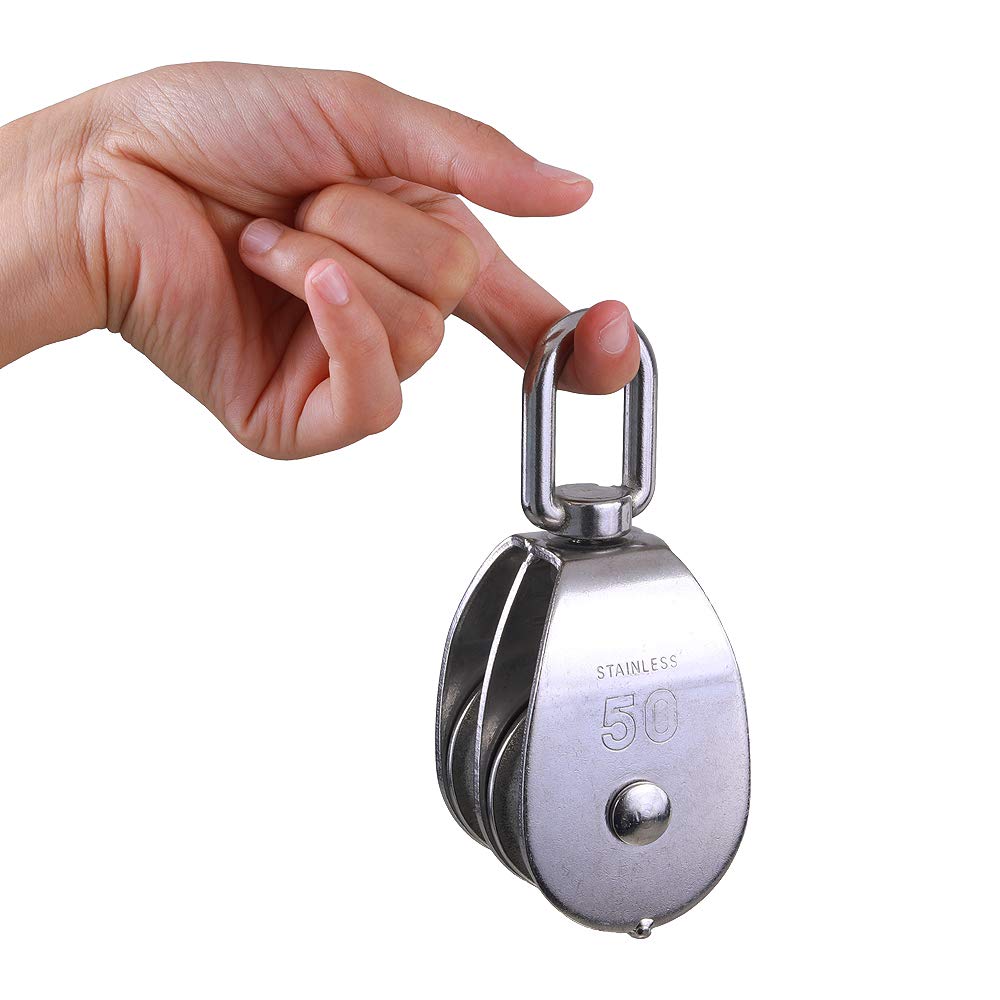Rocaris 2 Pack M50 Lifting Double Pulley Block 304 Stainless Steel Crane Swivel Hook Double Pulley Roller Loading