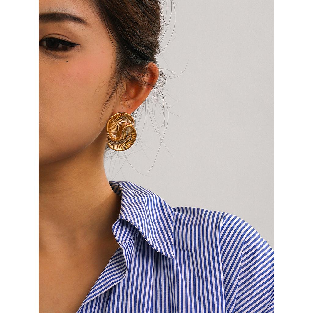 18K Gold Stainless Steel Water Drop Texture Spiral Earrings Ins Wind European and American Internet Celebrity Titanium Steel Asymmetric Stud Earrings