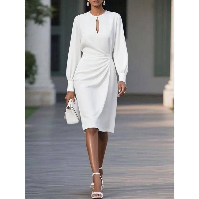 2025 European and American Autumn Temperament Solid Pleat Waist Hugging round Neck Cut-out Dress Women clothes