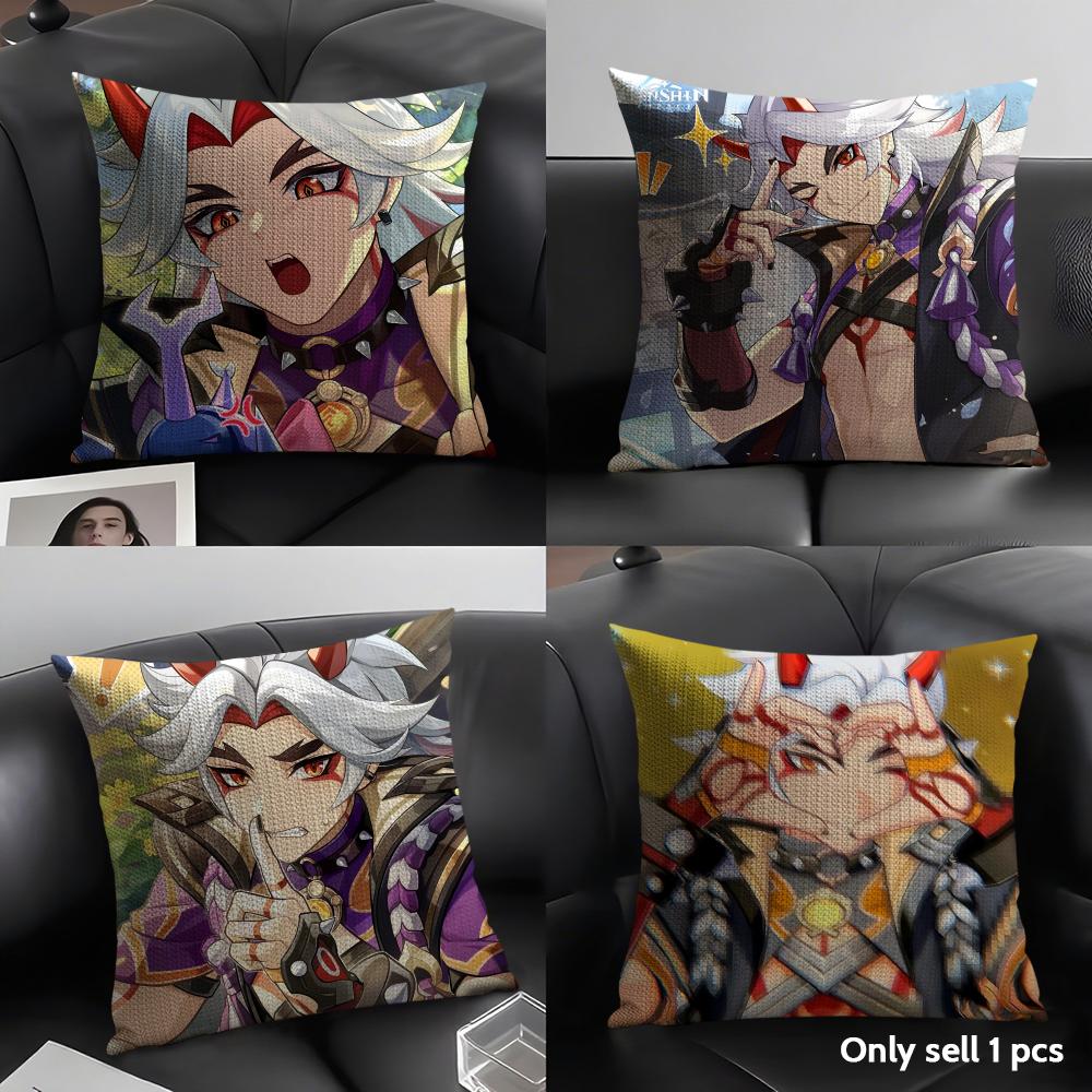 Arataki Itto Genshin Impact Cute Cushion Cover Natural Linen Organic Fabric Double-Sided Printing Sofa Home Decor Pillow Case