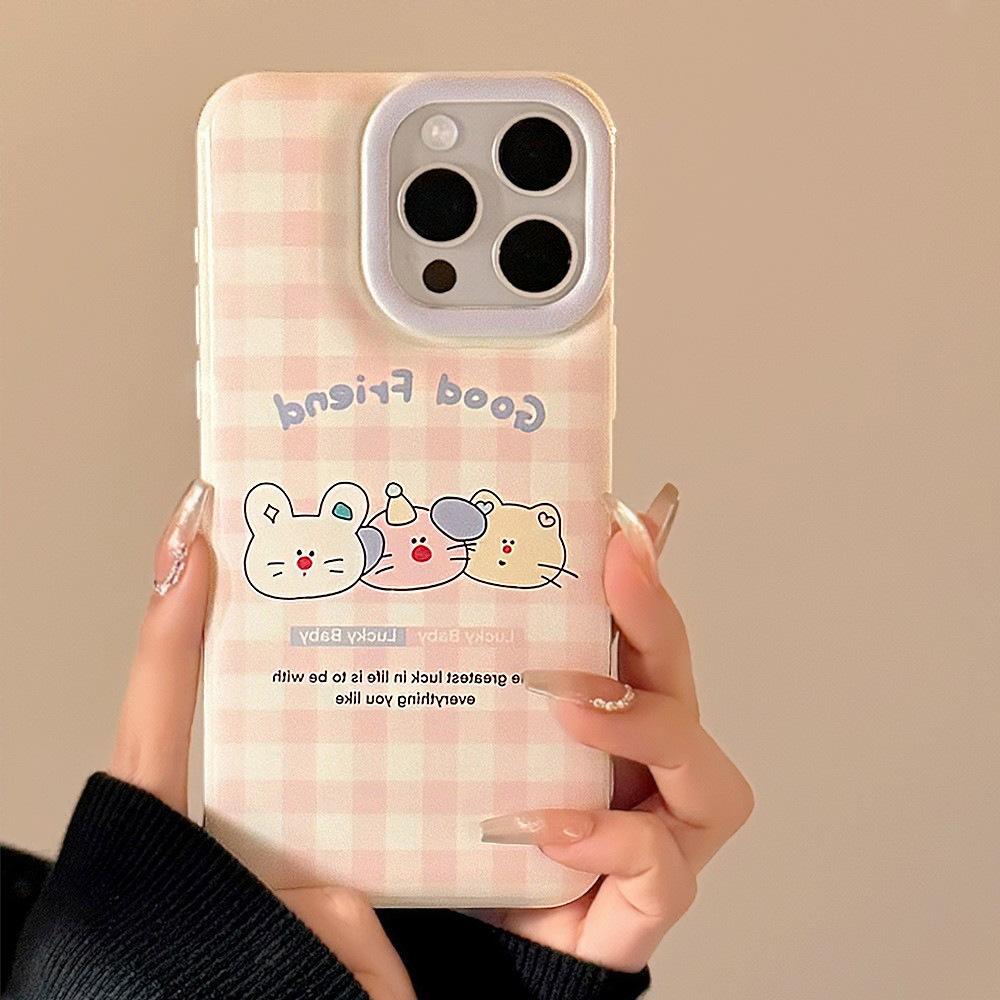 Ins Pink Plaid Animal for Apple 13 Mobile Phone Case for IPhone15 Soft 11 for 14pro Max Anti-fall 16