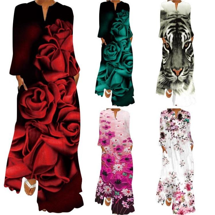 2023 Women's Summer Fashion V Neck Long Dress Casual Loose Beach Vacation Print Dresses