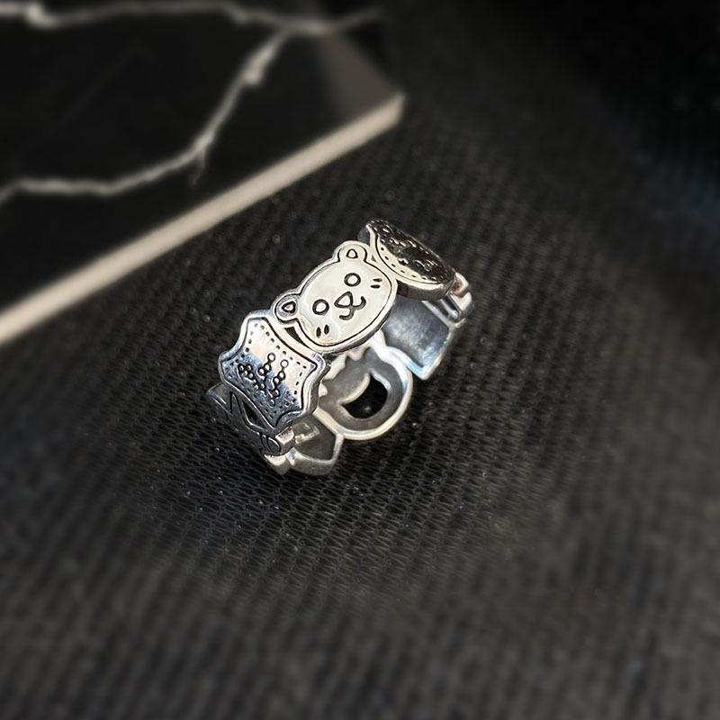 S925 Sterling Silver Graffiti Gingerbread Man & Bear Christmas Ring: Women's Retro Open Index Finger Style