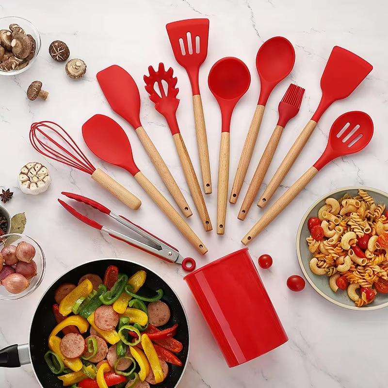 

12Pcs Silicone Cooking Sets Spatula Shovel Soup Spoon Tongs Turner Cookware Wooden Handle Heat-Resistant Baking Utensils Set