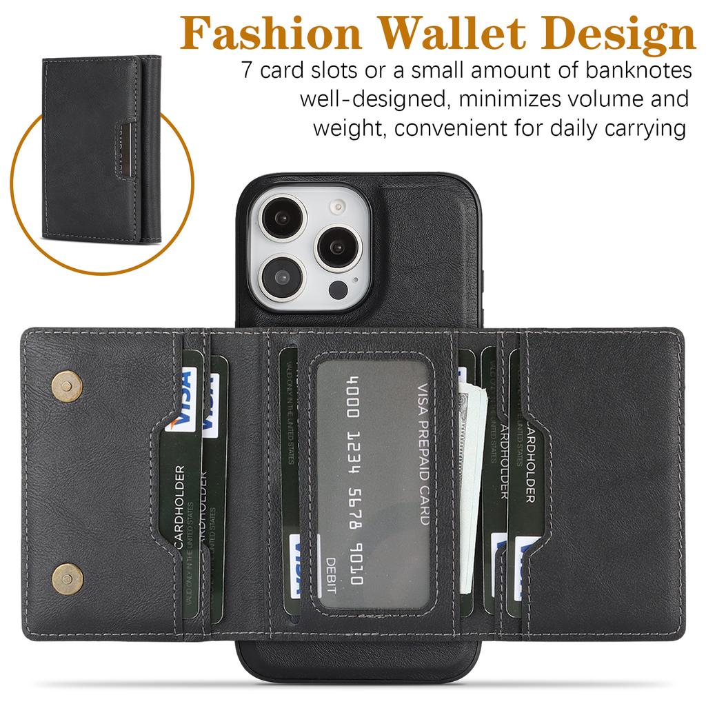For iPhone 14 Pro Kickstand Case Tri-fold Card Bag PU Leather Coated TPU Cover Compatible with MagSafe