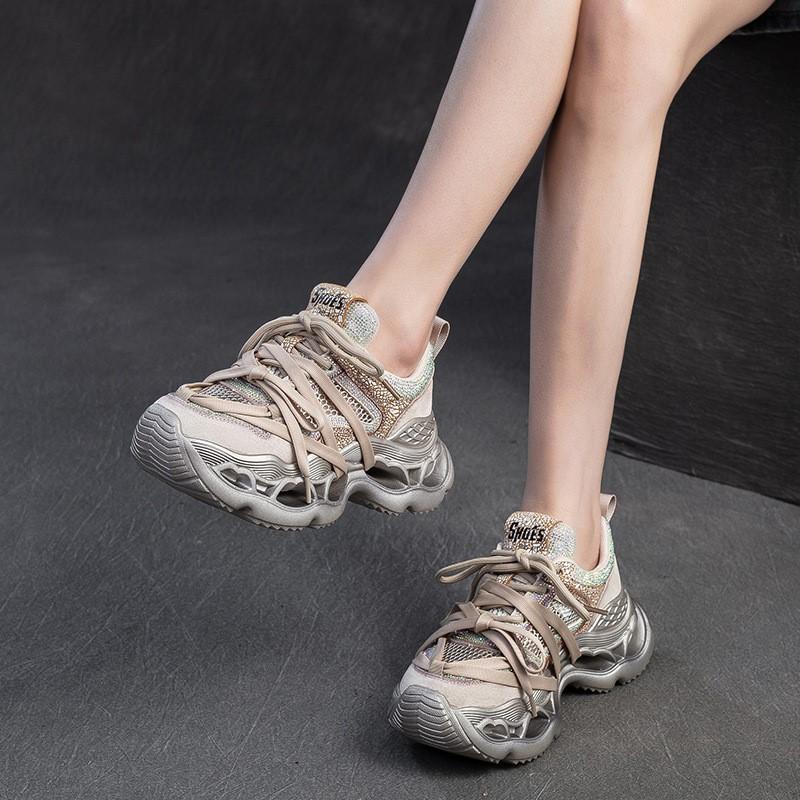 Johnature Breathable Mesh With Diamond Studded Fashionable Women's Sports lace-up Platform Shoes