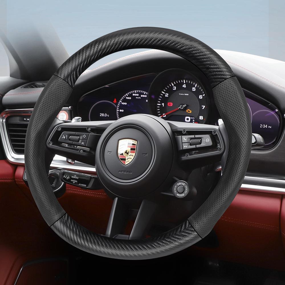 Suitable for Porsche Perforated Leather Matte Carbon Fiber Texture Steering Wheel Cover Cayenne Macan 911 Panamera 718 Taycan