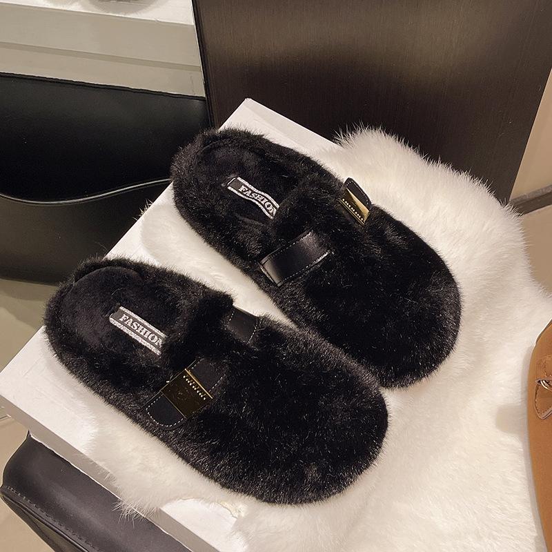 Thick bottom heightening fluffy slippers women's outer wear 2025 new autumn and winter high-end plush belt buckle cotton slippers
