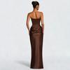 European Waist-Cinched Solid Color Strapless Satin Bodycon Dress with Lace-Up Ribbon