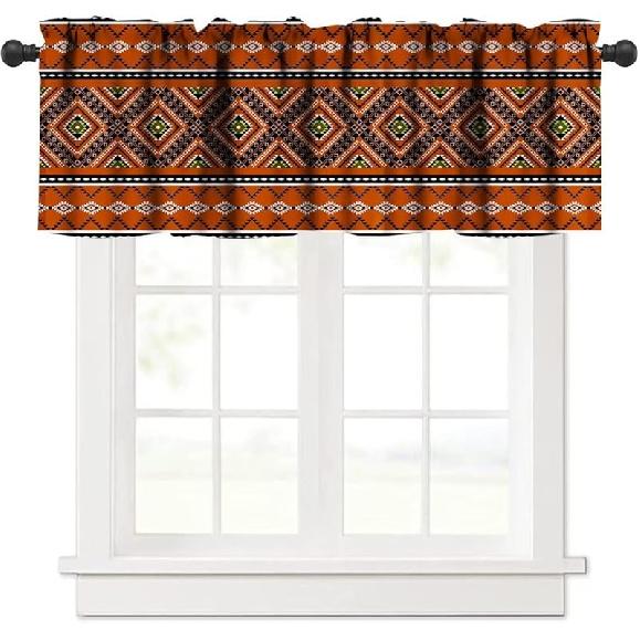 Blue Tribal Valance, Navajo Native American Navy Blue White Aztec Ethnic Geometric Print Blackout Short Window Curtain Drape for Kitchen Bedroom Cafe
