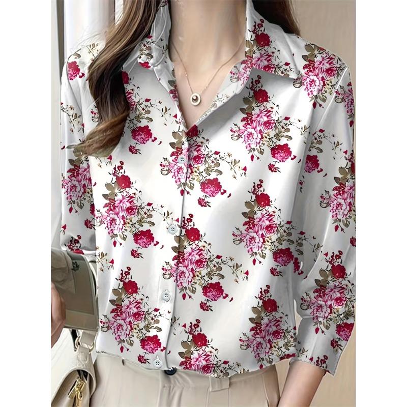 New Women's Lapel Long Sleeve Shirt Casual Loose Hundred Fashion Trend Flower Pattern Ladies Daily Outdoor Travel Clothing