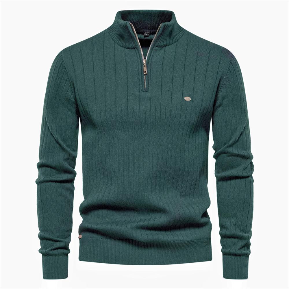 

Men s High-Quality Cotton Knit Sweater - Solid Color Half-Zip Stand-up Collar Pullover S зелёный